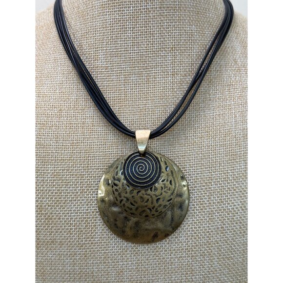 Vintage-Inspired Brass Pendant Necklace & Earrings Set With Black Spiral Design - Picture 8 of 12